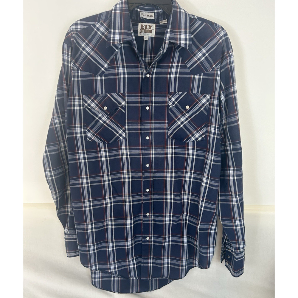 Thrashed Ely Cattleman western Pearl snap long sl blue/white/red shirt Sz L Tall